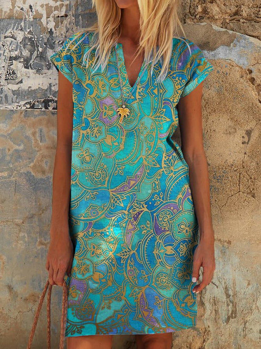 Summer Leisure Holiday Style Printing Paisley V Neck Short Sleeve Casual Weaving Dress